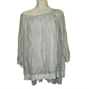 Giusy Italy Silk Blouse Lace Detail Sequins 2 Layers in Front Sheer arms GREY L